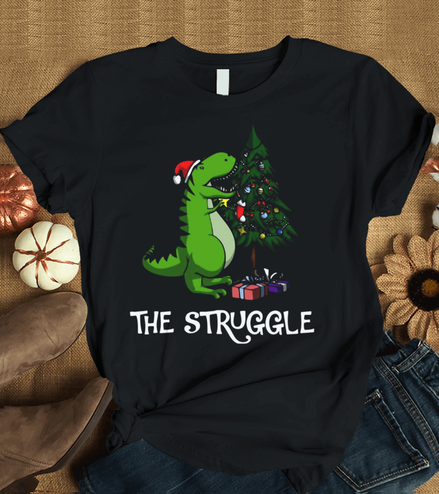 T Rex Dinosaur The Struggle with Christmas Tree T-Shirt