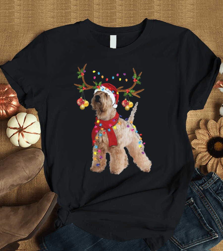 Christmas Wheaten Terrier with Santa Hat and Reindeer Antlers T-Shirt