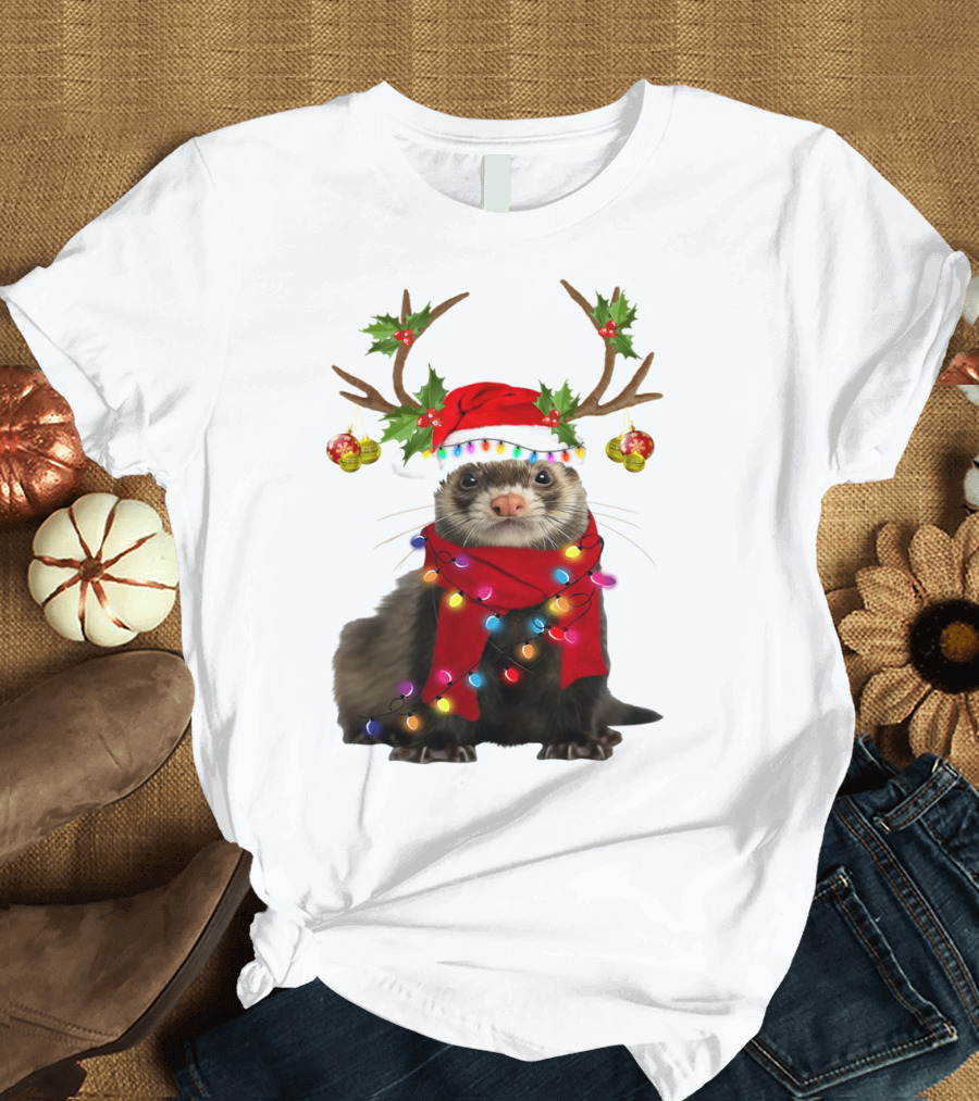 Otter with Festive Lights and Reindeer Antlers Holiday T-Shirt
