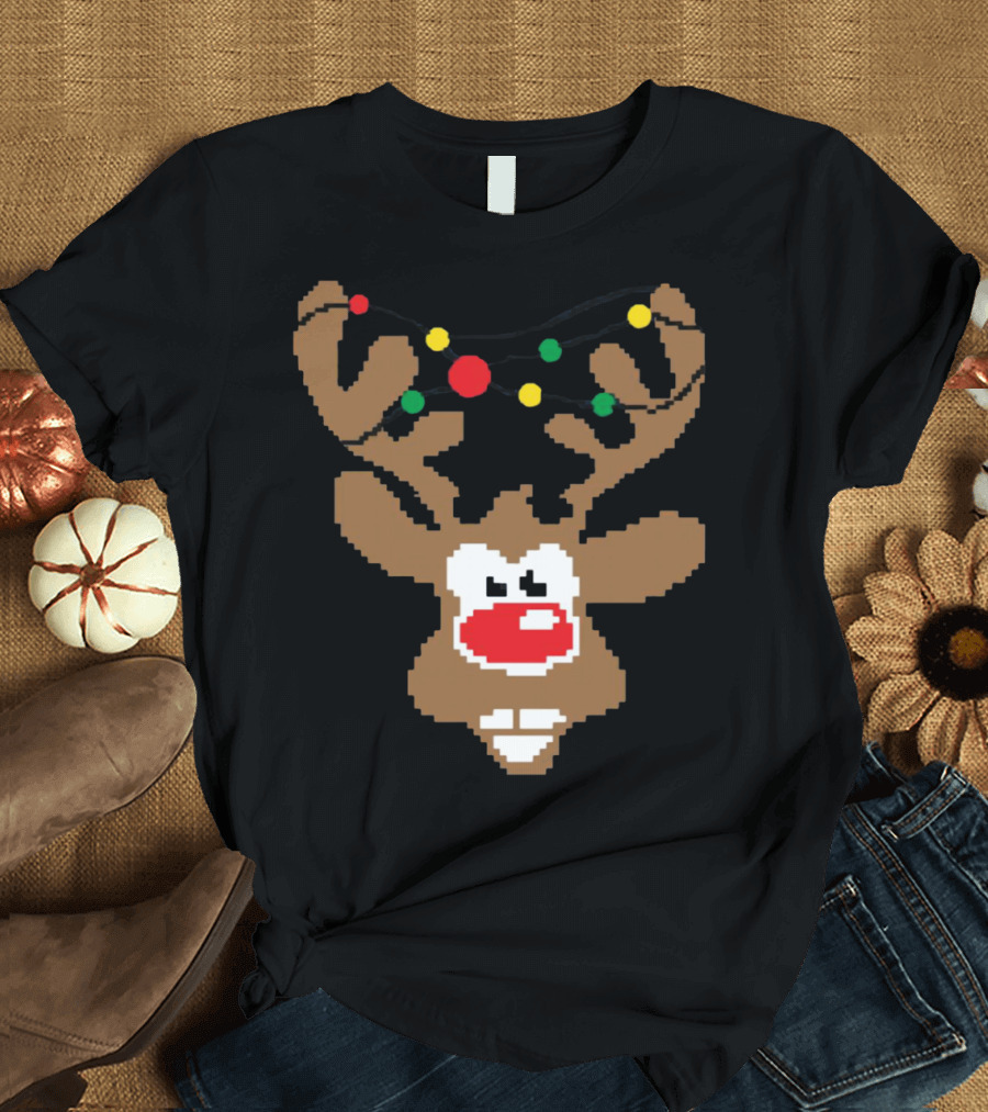 Christmas Youth Pixel Reindeer with Colorful Lights T-Shirt