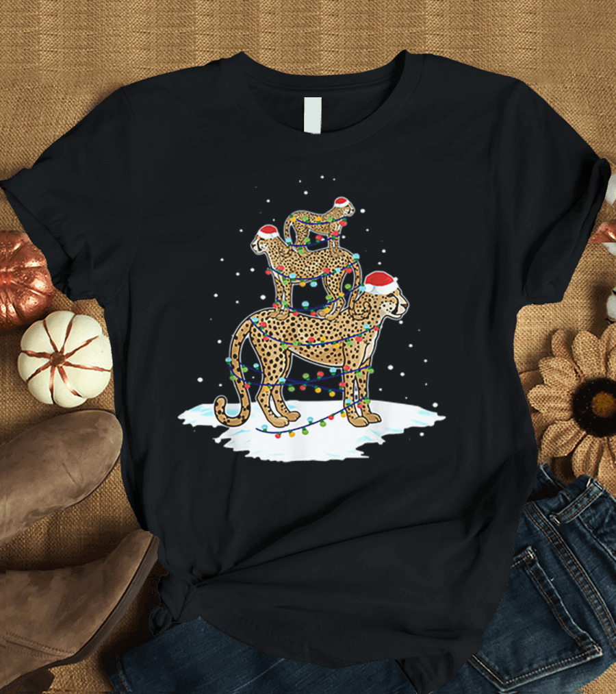 Cheetah Santa Christmas Tree with Festive Lights and Snowflakes T-Shirt