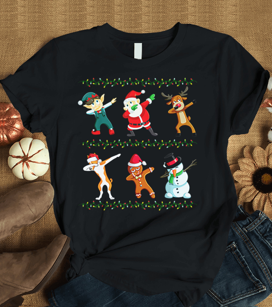 Dabbing Santa Basenji Elf Reindeer Gingerbread Snowman Christmas Lights T-Shirt