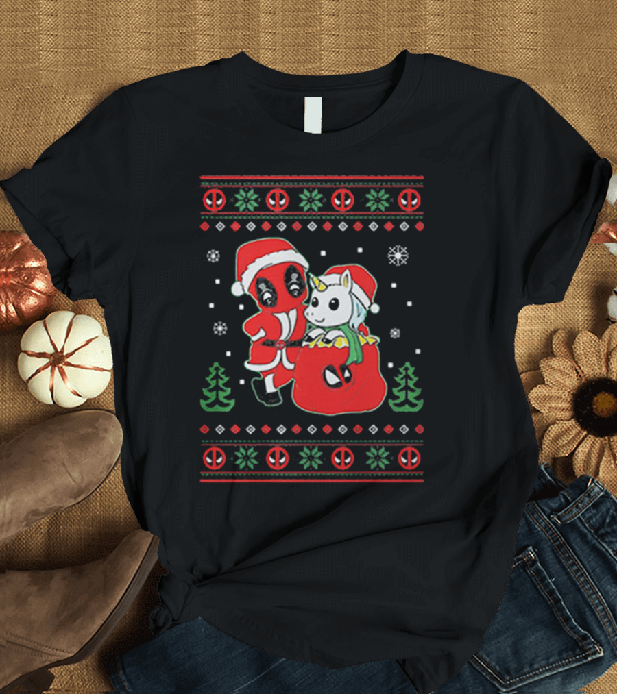 Deadpool Santa with Unicorn Holiday T-Shirt