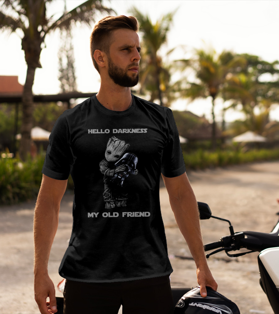 Baby Groot Hugging Darth Vader Helmet Hello Darkness My Old Friend T-Shirt