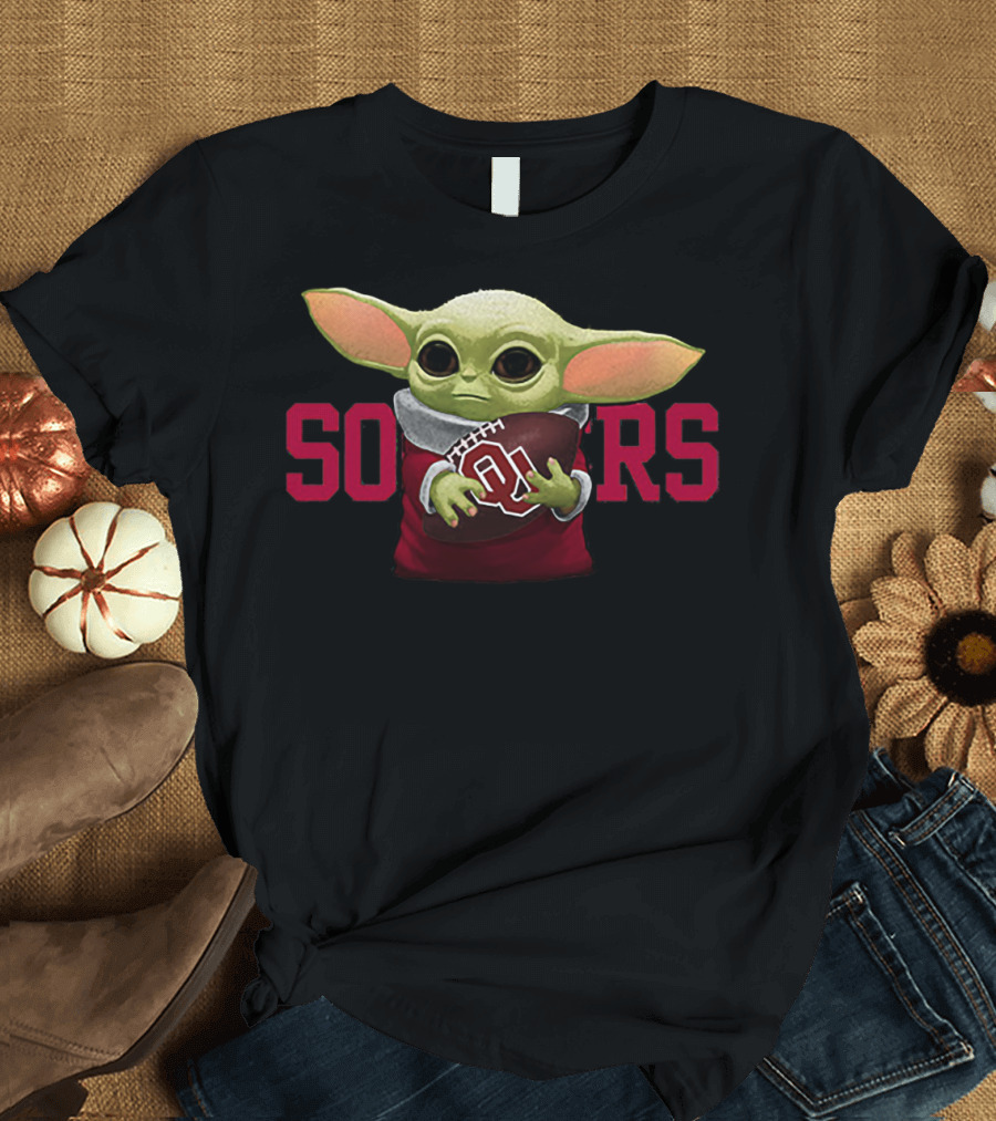 Baby Yoda Holding Football With Oklahoma Sooners T-Shirt