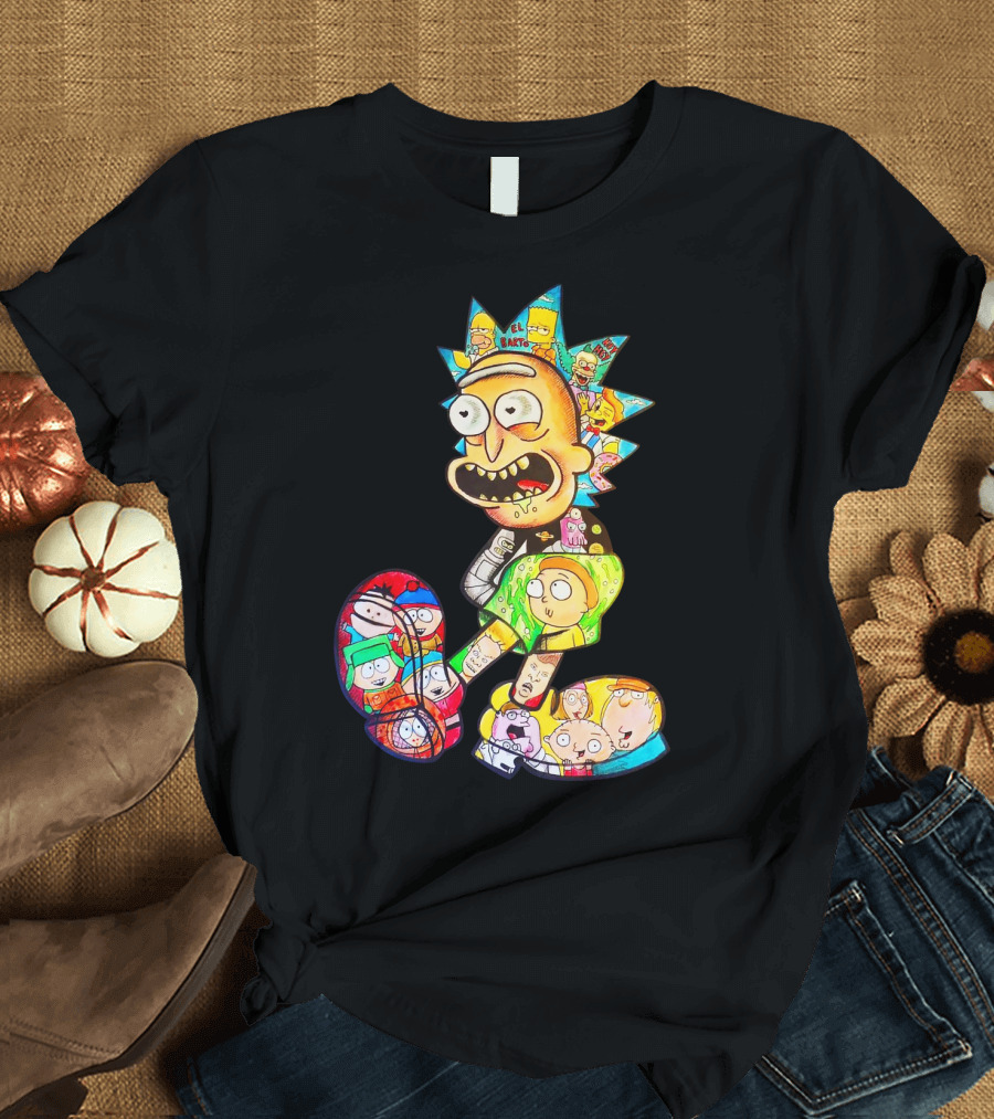 Rick and Morty South Park Family Guy Simpsons Crossover All In One T-Shirt