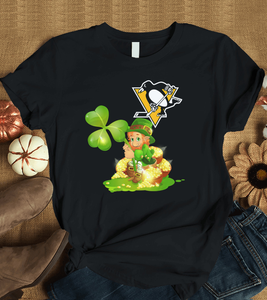 Pittsburgh Penguins St. Patrick's Day Lucky Leprechaun Hockey Shamrock Gold T-Shirt