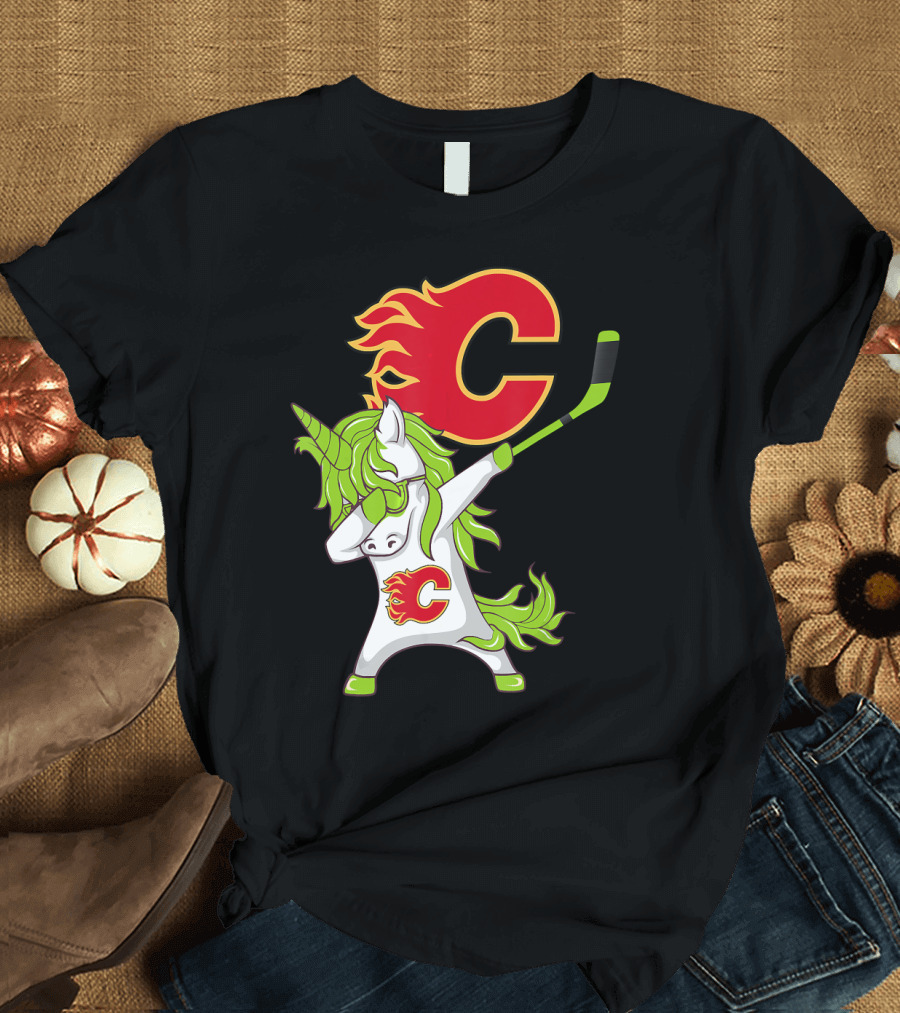 St Patrick Day Dabbing Unicorn Calgary Flames Hockey Stick T-Shirt