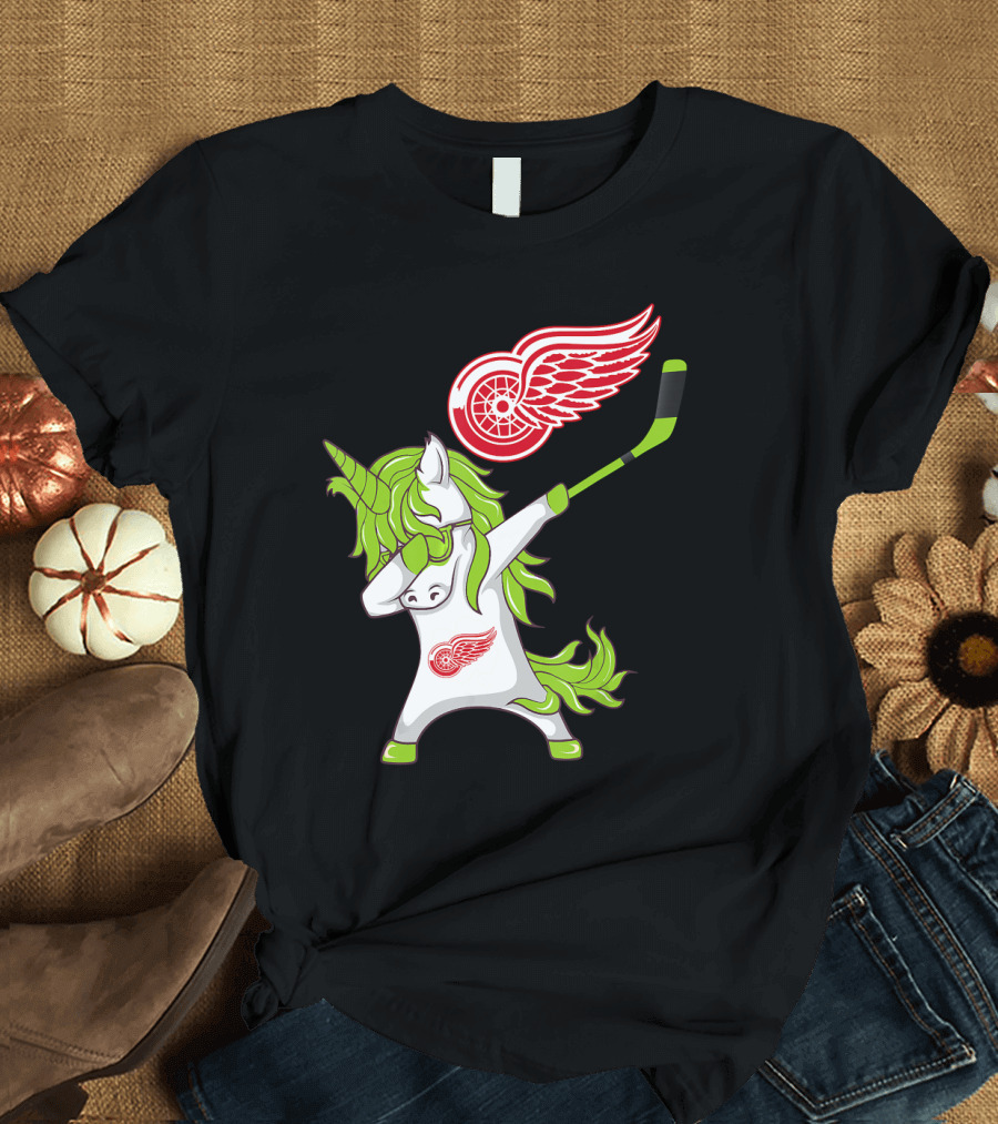 Detroit Red Wings St Patrick's Day Dabbing Unicorn Hockey Stick T-Shirt