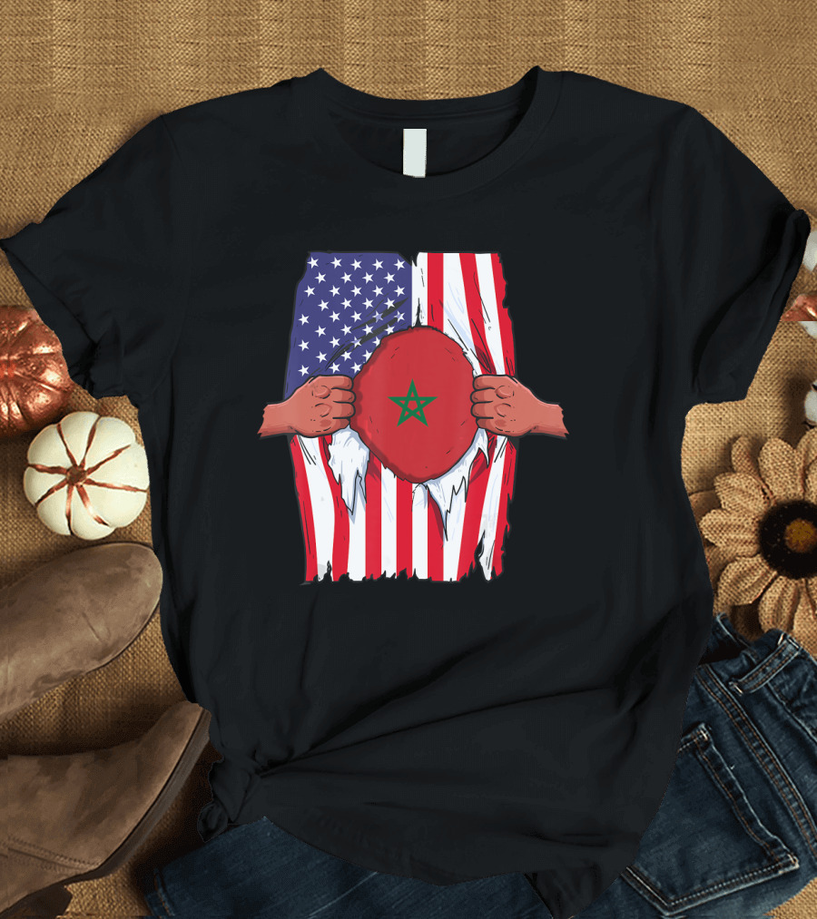 Morocco Flag Inside American Flag Home Pride Moroccan T-Shirt