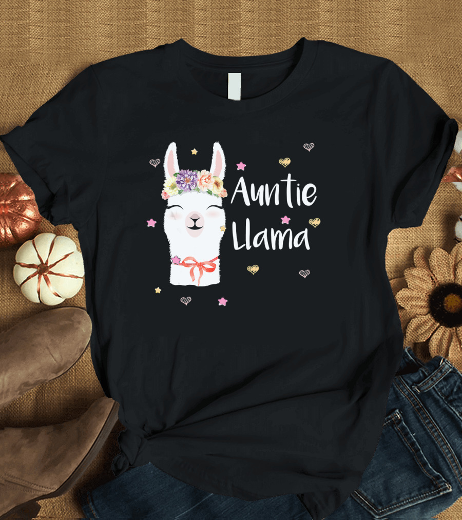 Auntie Llama Cute Floral Crown and Stars for Llama Lovers T-Shirt