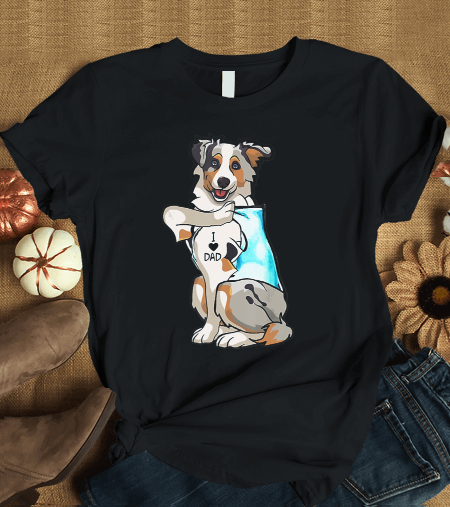 Australian Shepherd Dog I Love Dad Tattoo Paws Up T-Shirt