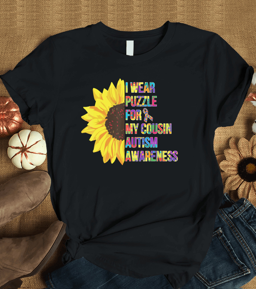 I Wear Puzzle for My Cousin Autism Awareness Sunflower T-Shirt
