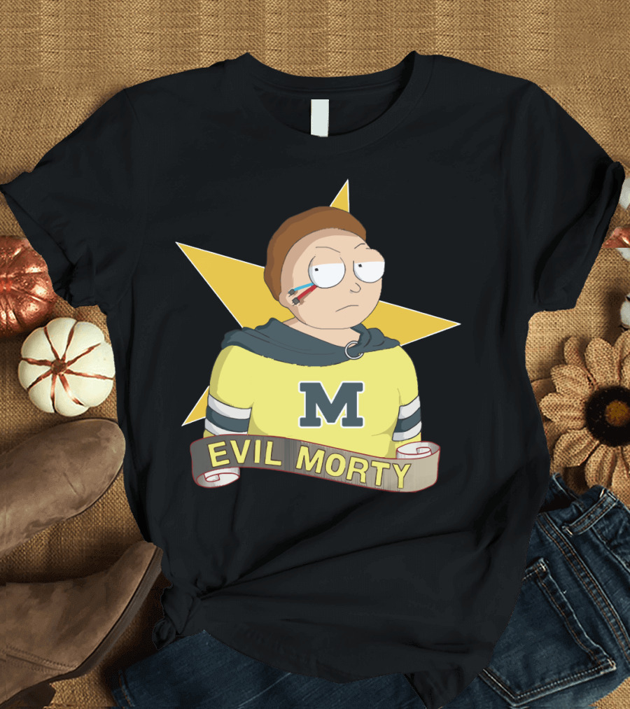 Evil Morty M Star Patch and Scroll Banner T-Shirt