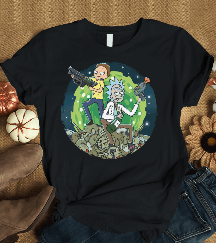 Rick and Morty Battle Against the Gromflomites in Outer Space Adventure Background T-Shirt