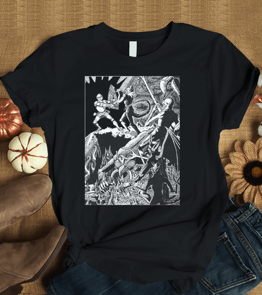 PALADIN IN HELL Classic Dungeon Adventure Battle Scene with Demons and Warriors T-Shirt