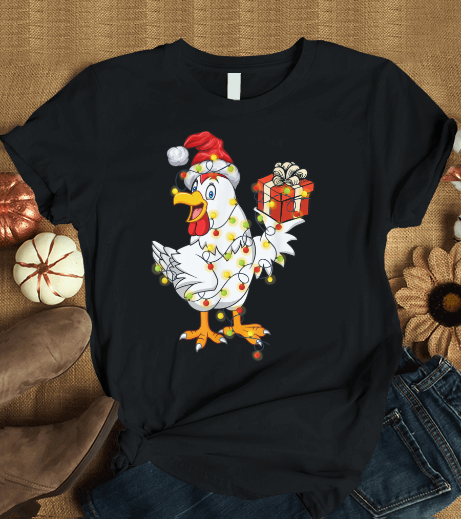Funny Chicken Wrapped in Christmas Lights with Santa Hat and Gift T-Shirt