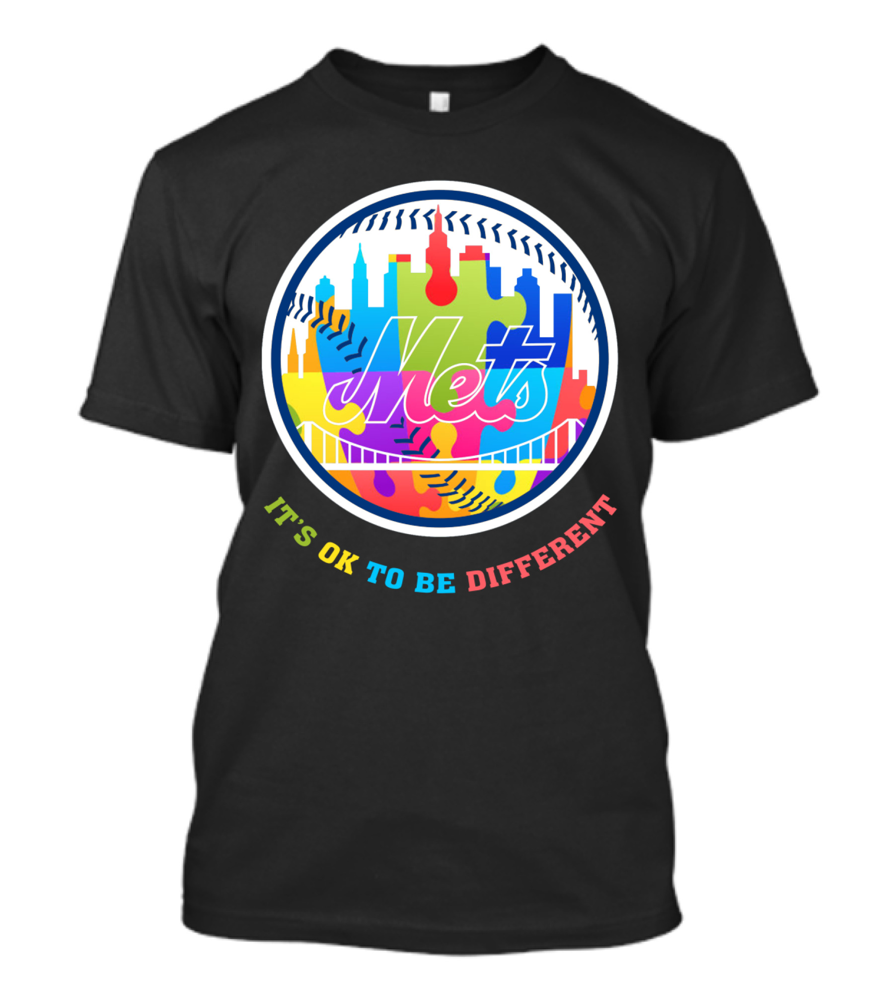 New York Mets It's OK To Be Different Colorful Skyline Bridge Puzzle Baseball T-Shirt