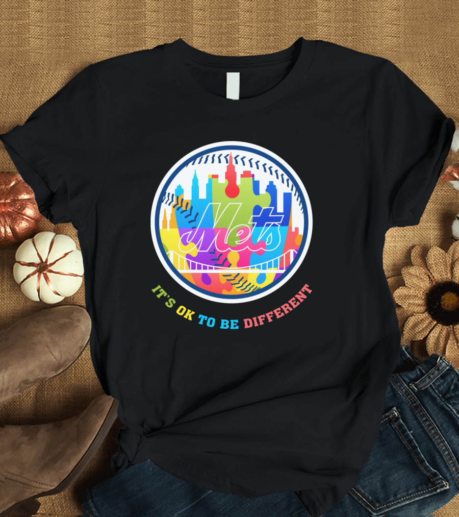 New York Mets It's OK To Be Different Colorful Skyline Bridge Puzzle Baseball T-Shirt