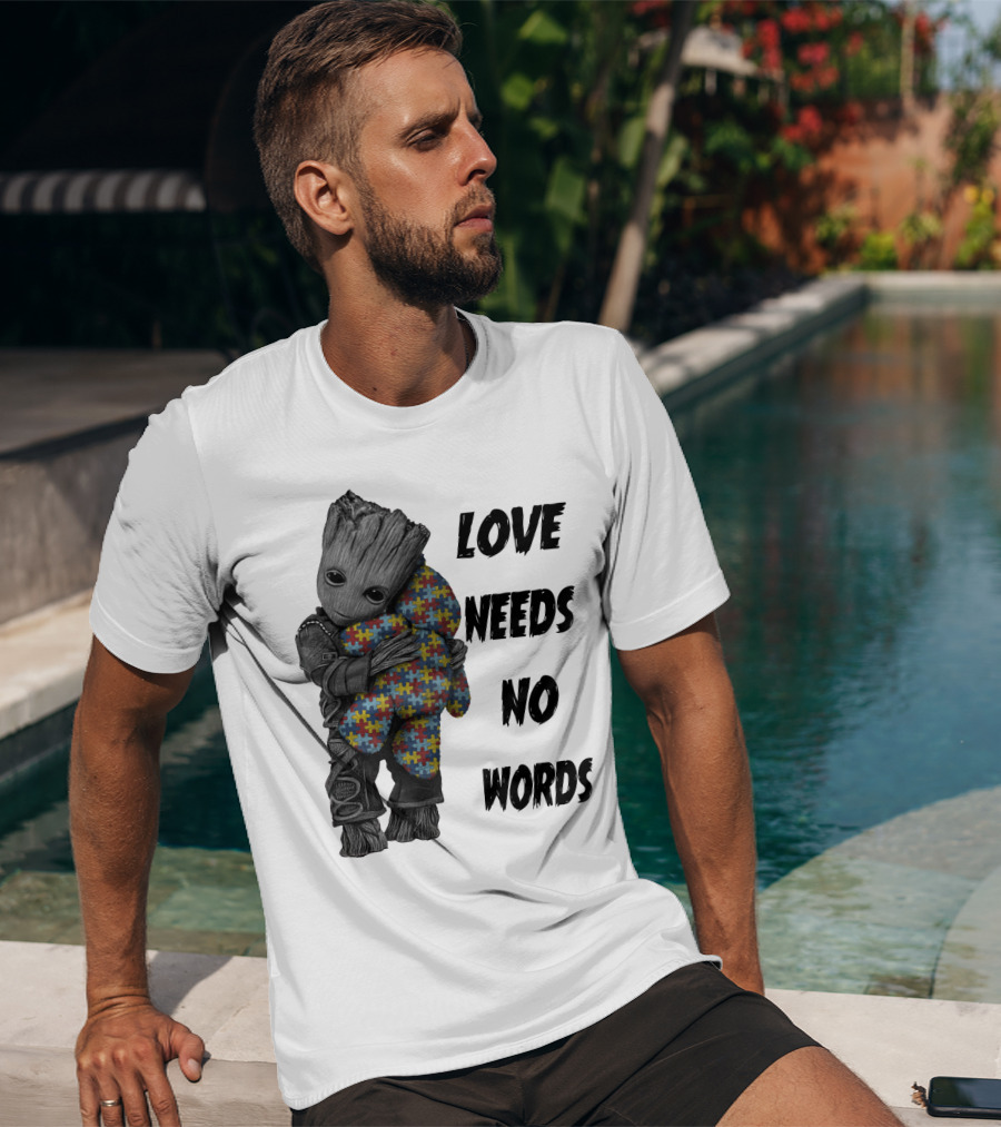 Love Needs No Words Groot Hugging Puzzle Piece Autism Awareness T-Shirt