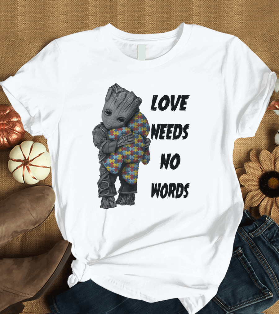 Love Needs No Words Groot Hugging Puzzle Piece Autism Awareness T-Shirt