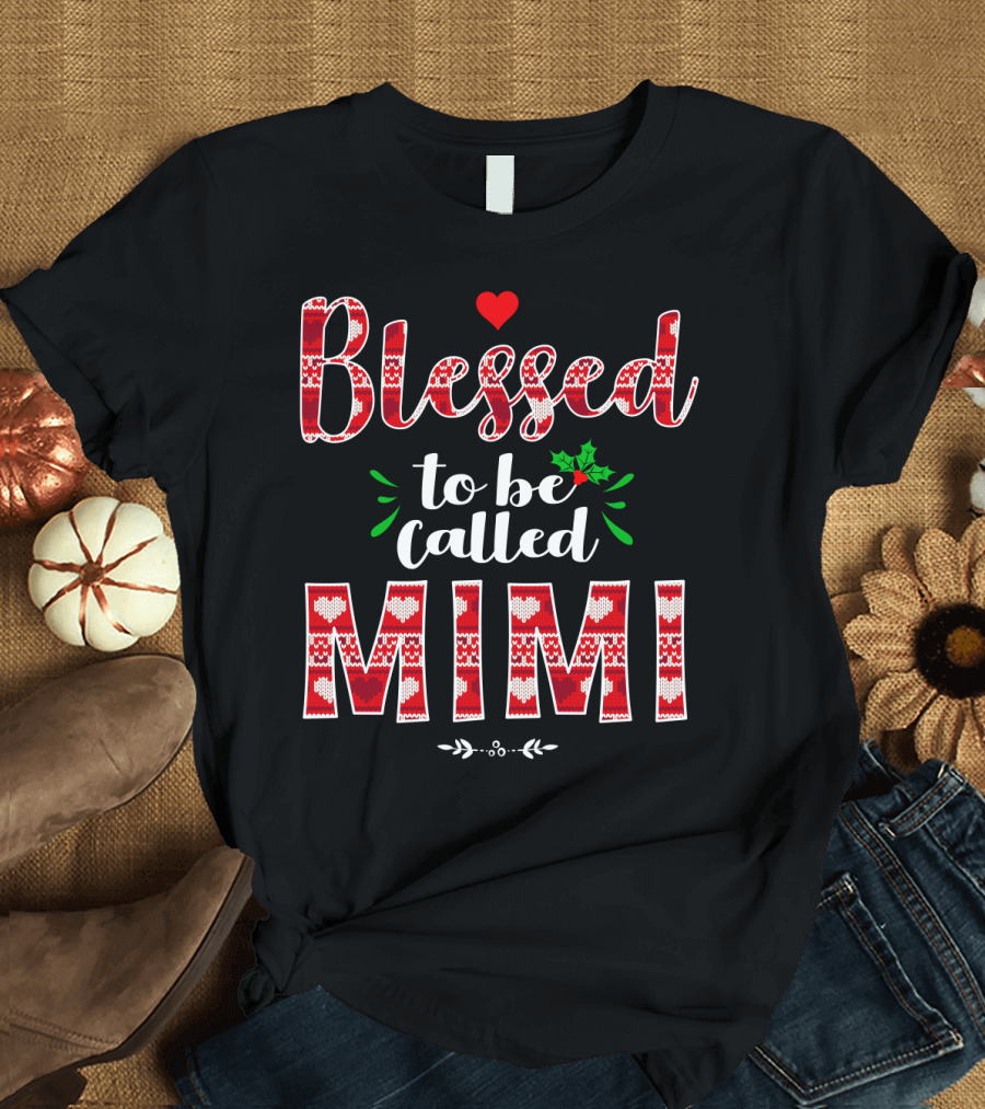 Blessed to Be Called Mimi Holiday Knit Pattern Heart and Holly T-Shirt