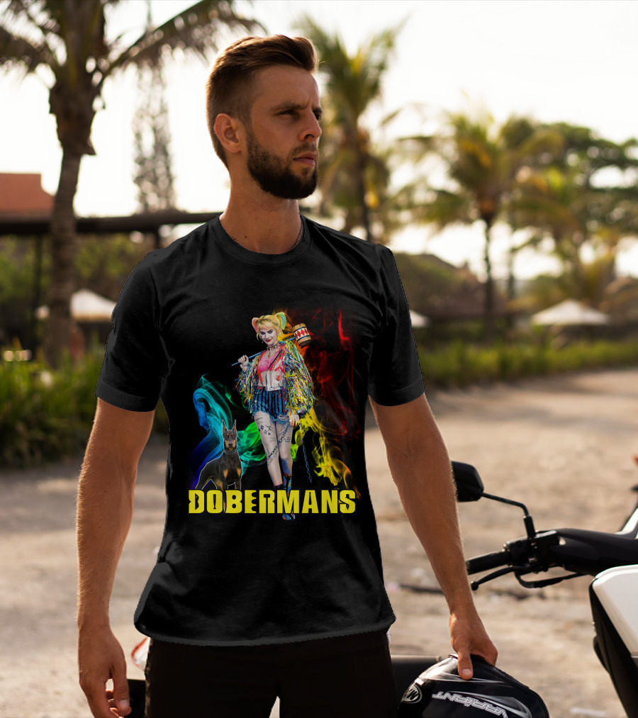 Harley Quinn Dobermans Colorful Character With Mallet And Dog T-Shirt