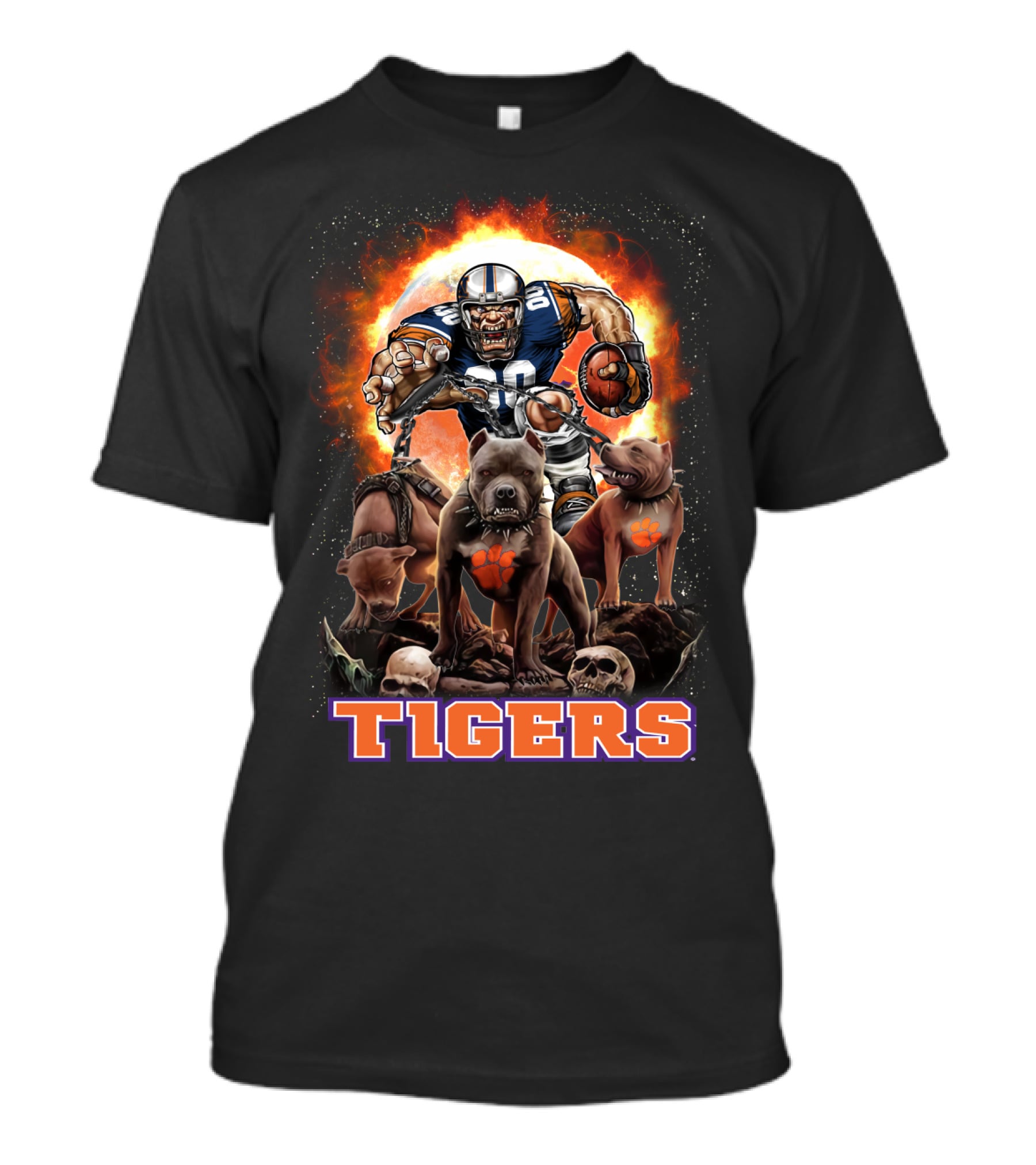 Tigers Football Warrior With Dogs And Skulls In Front Of Fiery T-Shirt