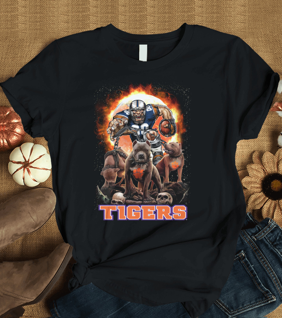 Tigers Football Warrior With Dogs And Skulls In Front Of Fiery T-Shirt