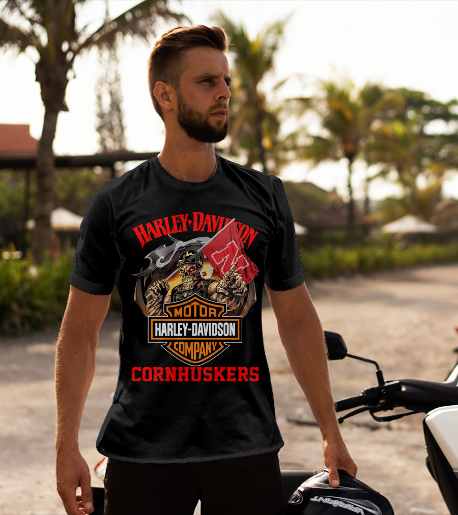 Harley Davidson Company Cornhuskers Skeleton With Nebraska Flag T-Shirt