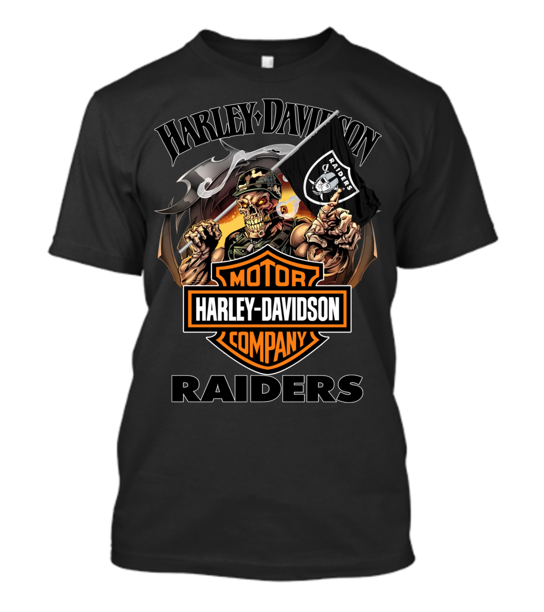 Harley Davidson Raiders Skeleton Holding Flag T-Shirt