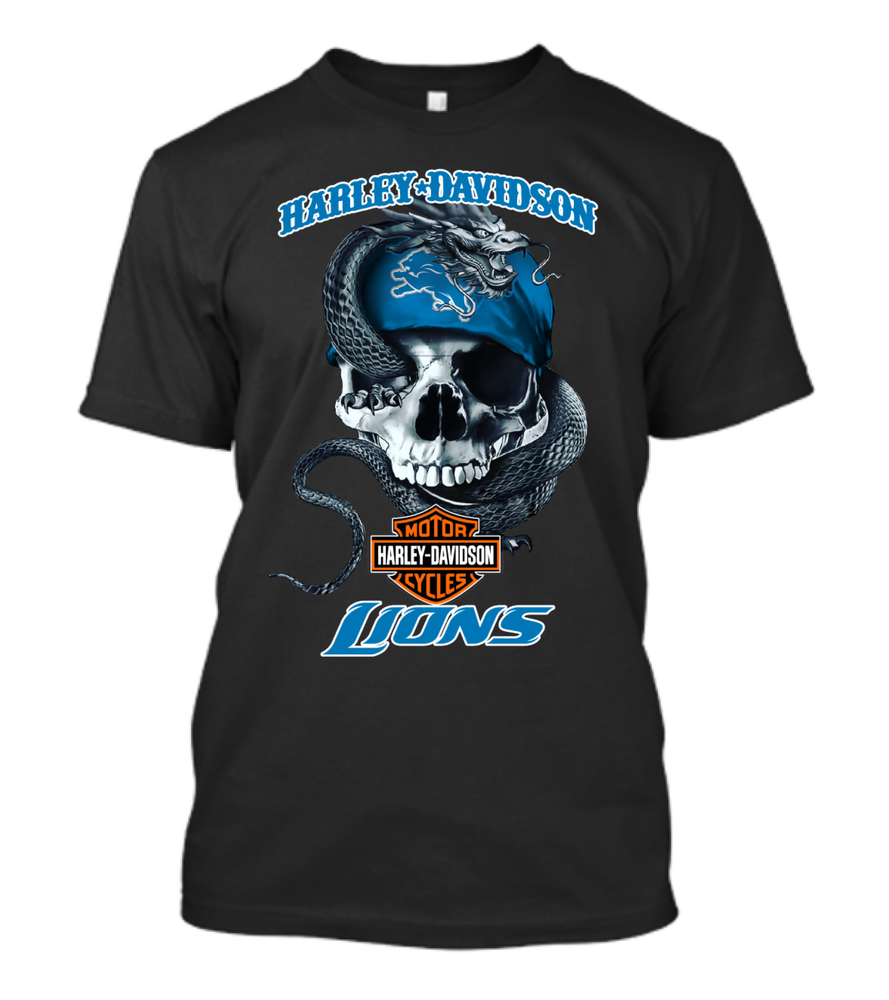 Harley Davidson Motor Cycles Detroit Lions Snake Skull T-Shirt
