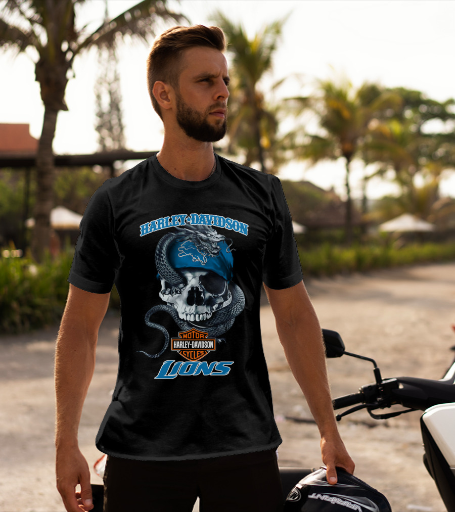 Harley Davidson Motor Cycles Detroit Lions Snake Skull T-Shirt