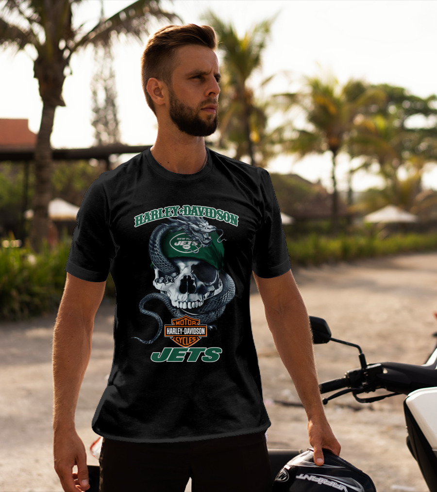 Harley Davidson New York Jets Motor Cycles Skull And Snake T-Shirt
