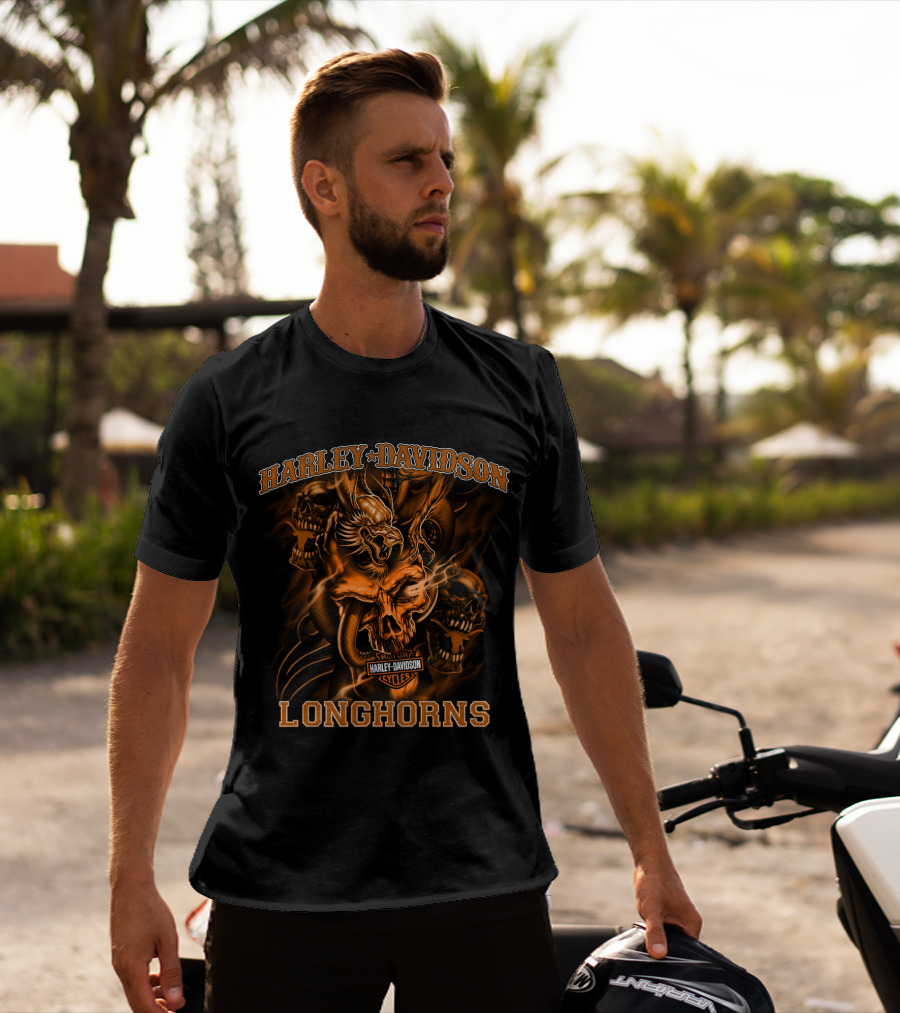 Harley Davidson Longhorns Texas Skulls And Flames T-Shirt