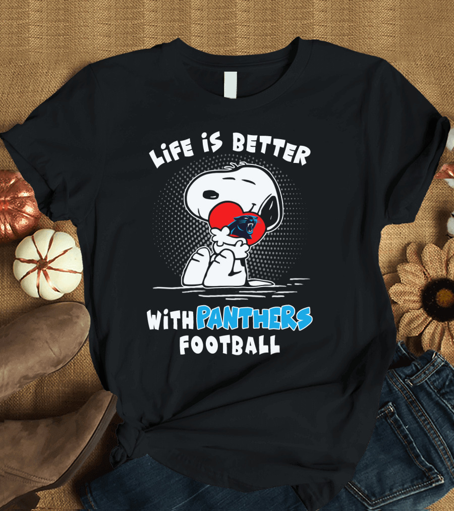 Life is Better with Panthers Football Snoopy Hugging Heart T-Shirt
