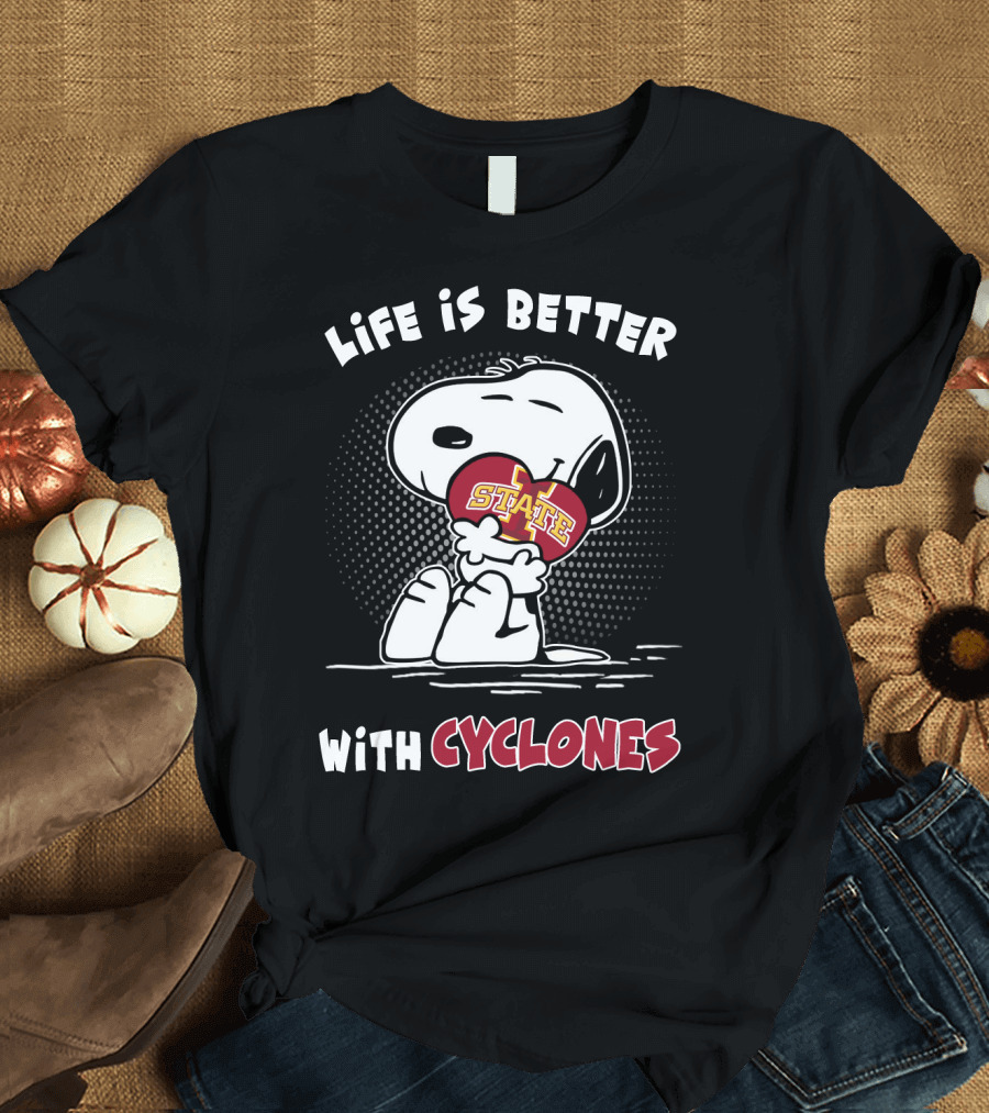 Life Is Better With Cyclones Iowa State Snoopy Hugging Football T-Shirt