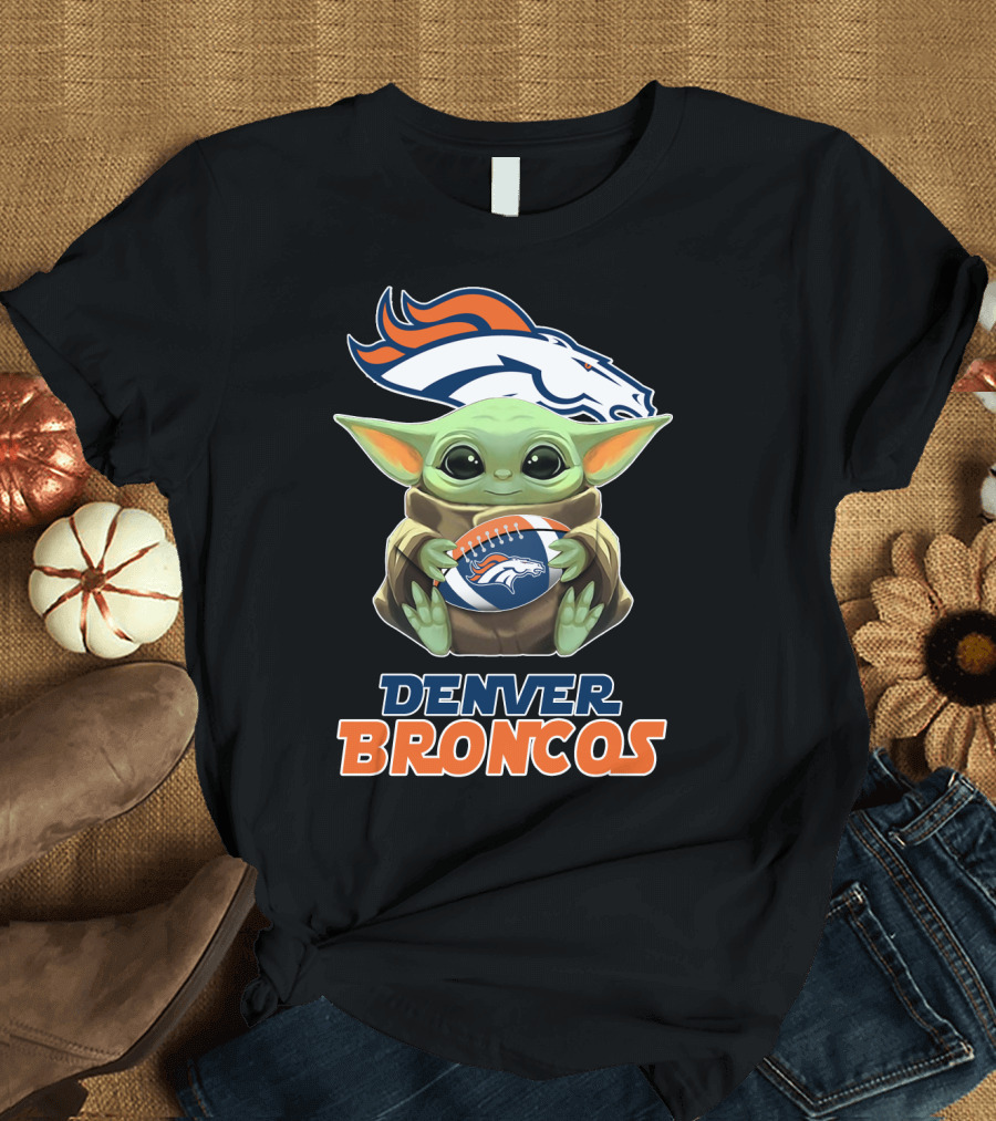 Denver Broncos Grogu Holding Football T-Shirt