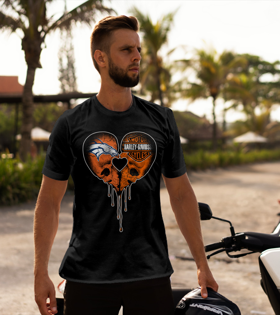 Denver Broncos Harley Davidson Dripping Skull Heart T-Shirt