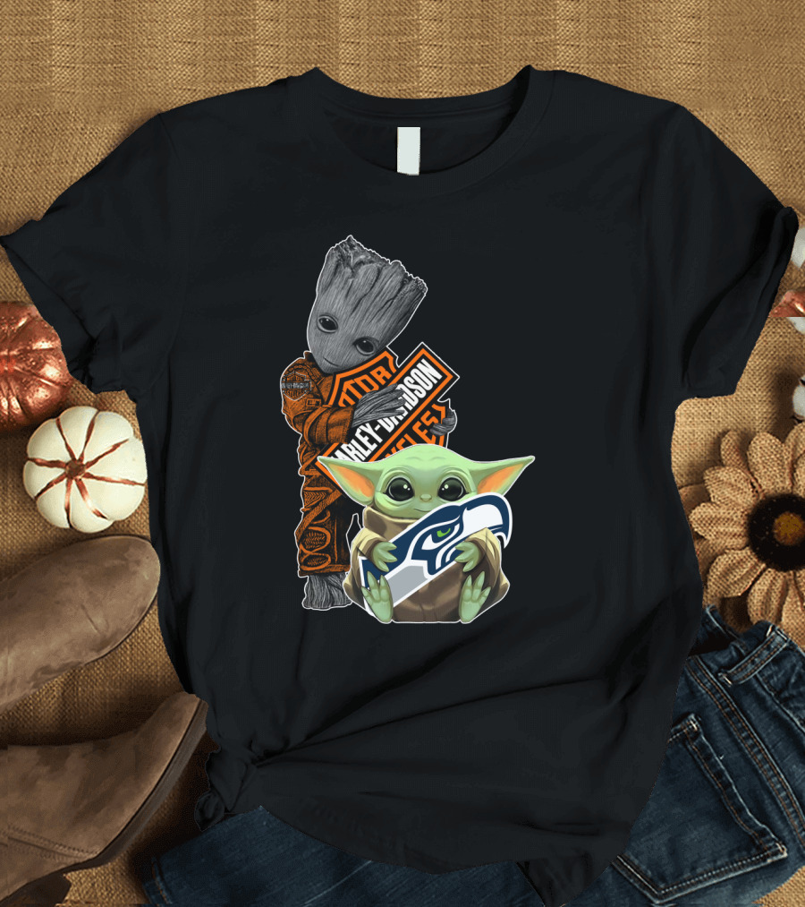Groot Harley Davidson Seattle Seahawks Baby Yoda T-Shirt