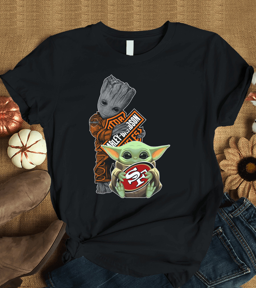 49ers S-F Logo Harley Davidson Orange Black Star Wars Groot Baby Yoda T-Shirt