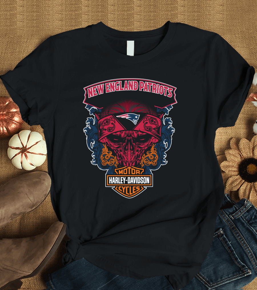 New England Patriots Skull Harley Davidson Motorcycles T-Shirt