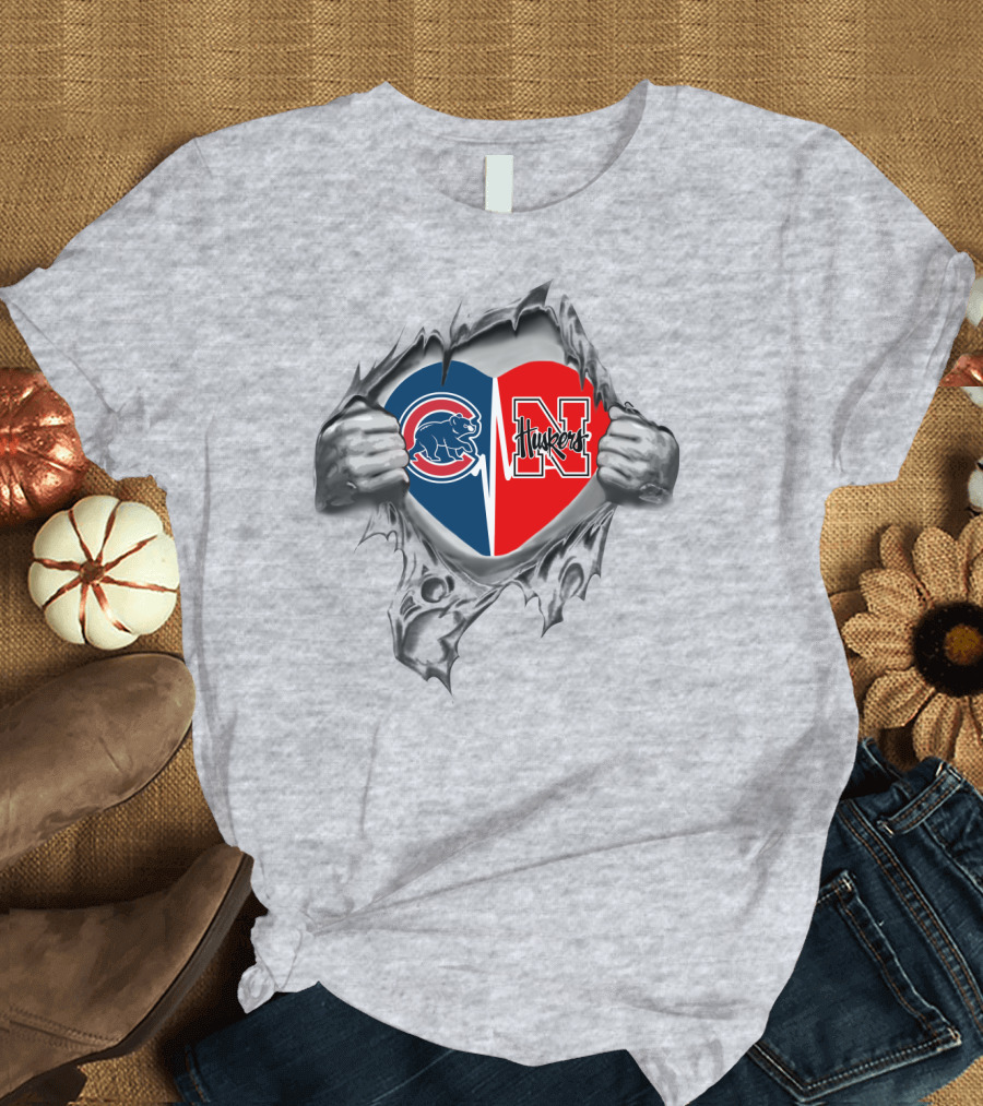 Cubs and Huskers Heart Logo with Hands Ripping Gray Background T-Shirt