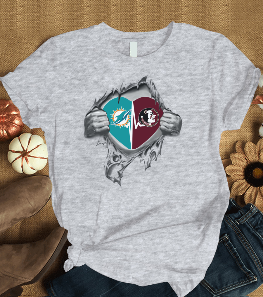 Heart of Dolphins and Seminoles Logos Torn Open T-Shirt