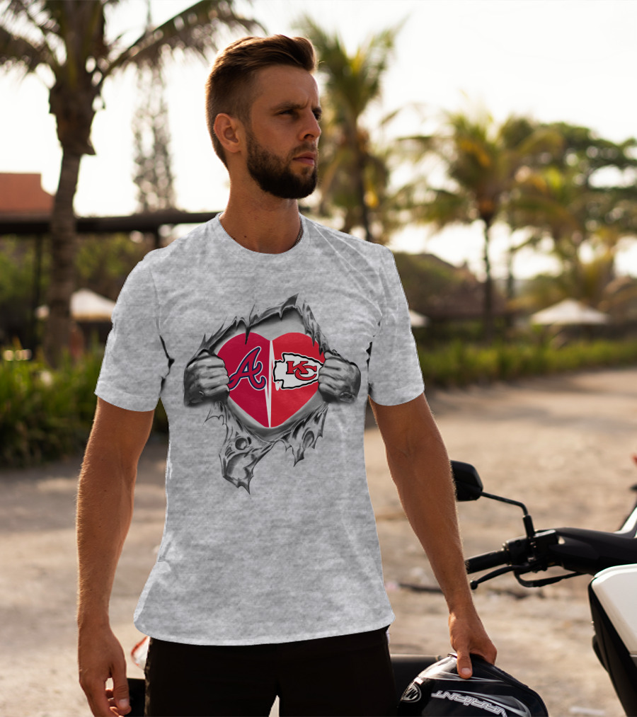 Braves Chiefs Heart Logos Through Torn Fabric T-Shirt