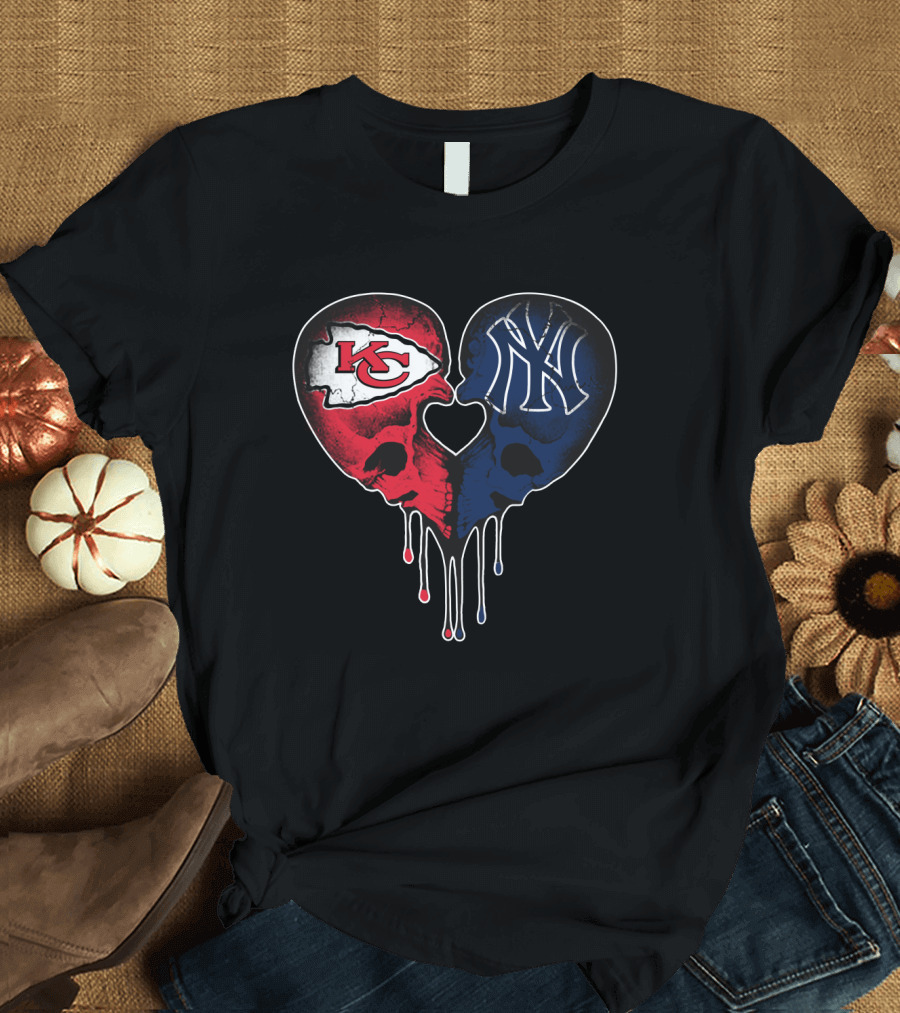 Chiefs Yankees Dripping Skull Heart Love T-Shirt