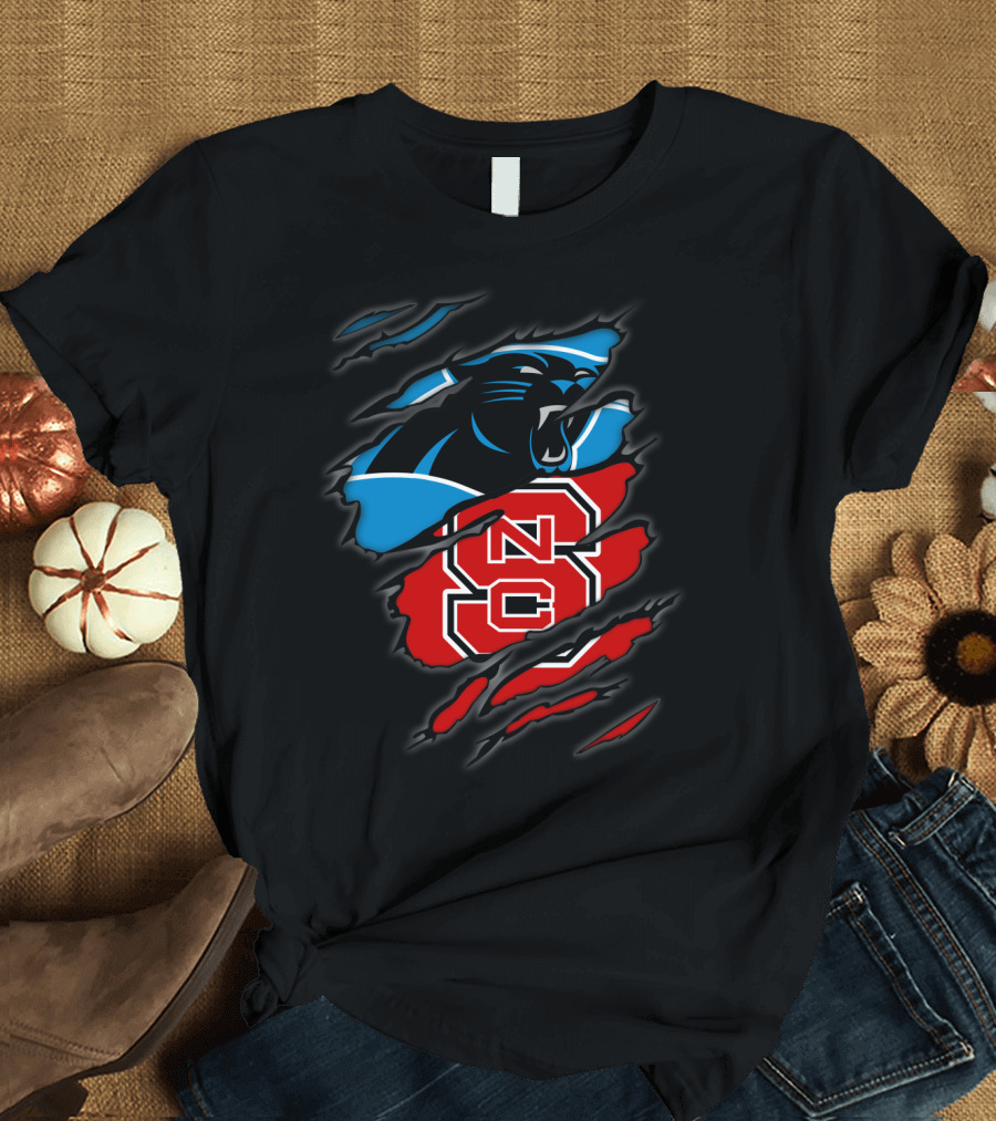 Carolina Panthers Nc State Wolfpack Hybrid Logo Ripped T-Shirt