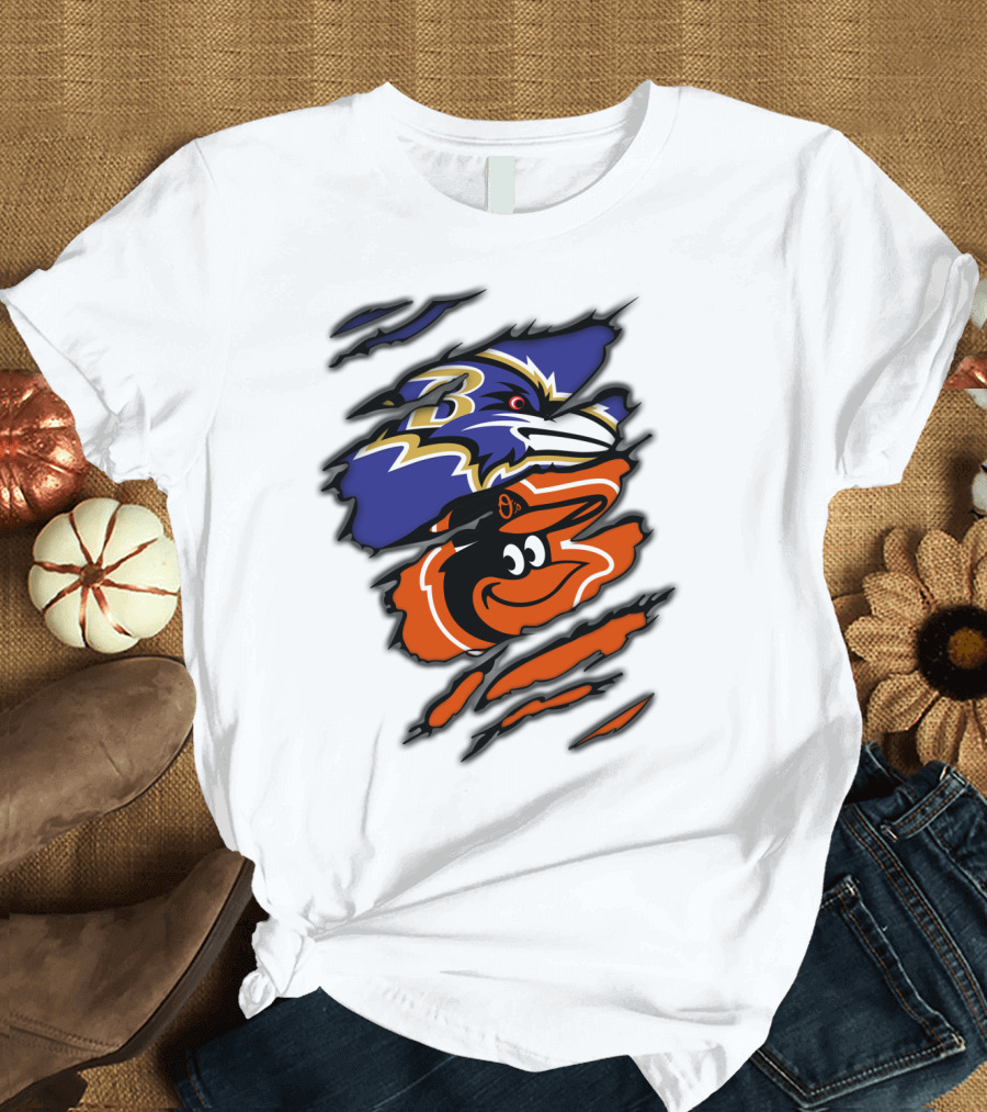 Baltimore Ravens Orioles Logos Ripped T-Shirt