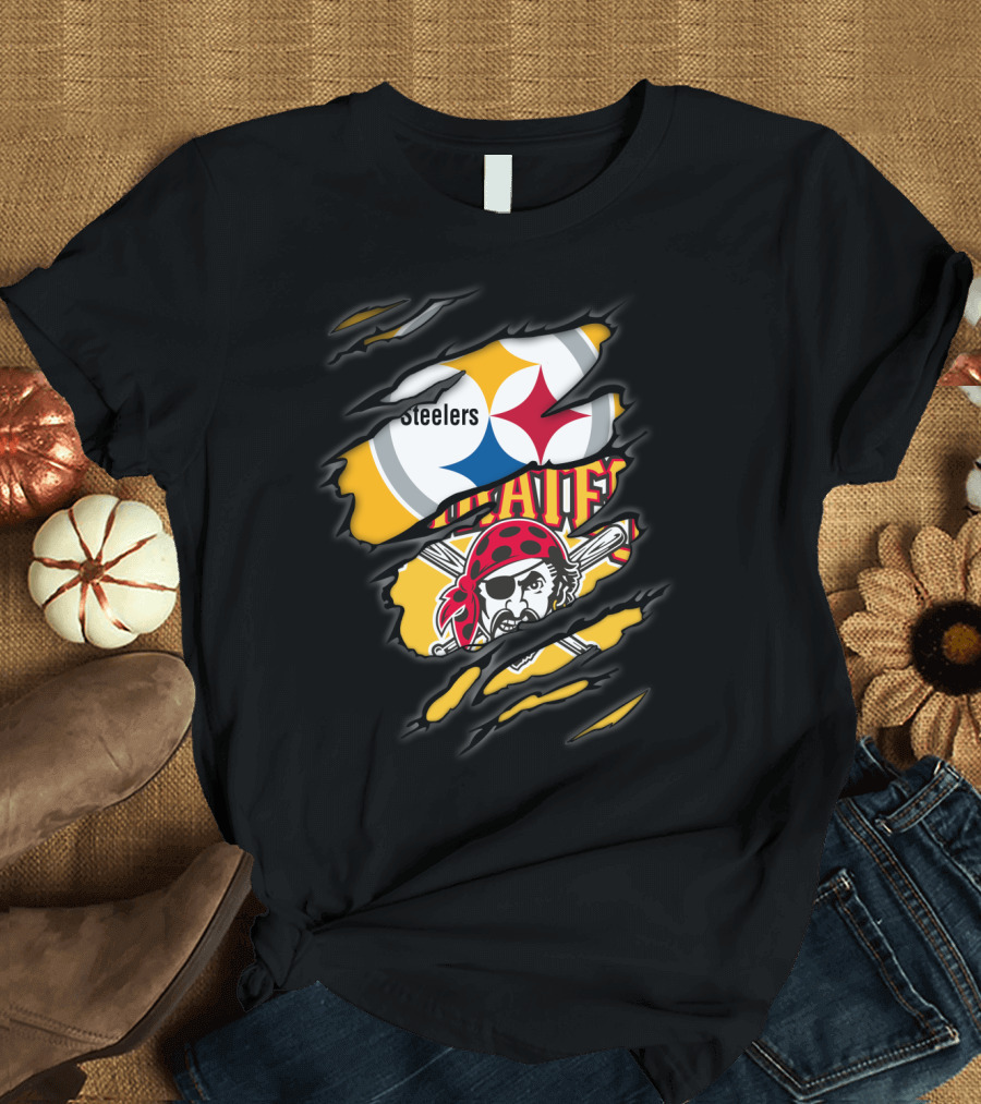 Steelers Pirates Logo Mashup Ripped Effect T-Shirt