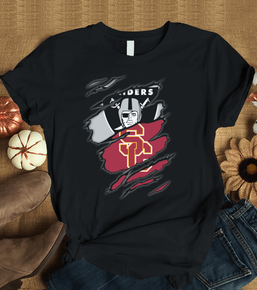 Raiders Trojans USC Los Angeles Football Torn Effect Logo Mix T-Shirt